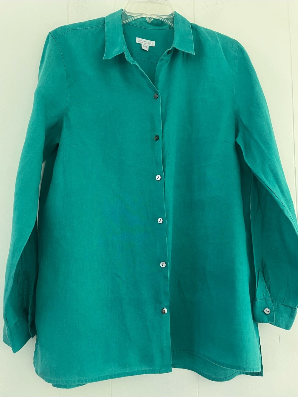 J. Jill Love Linen Essential Shirt Turquoise Blue Green 100% Linen Size Medium - Picture 7 of 14